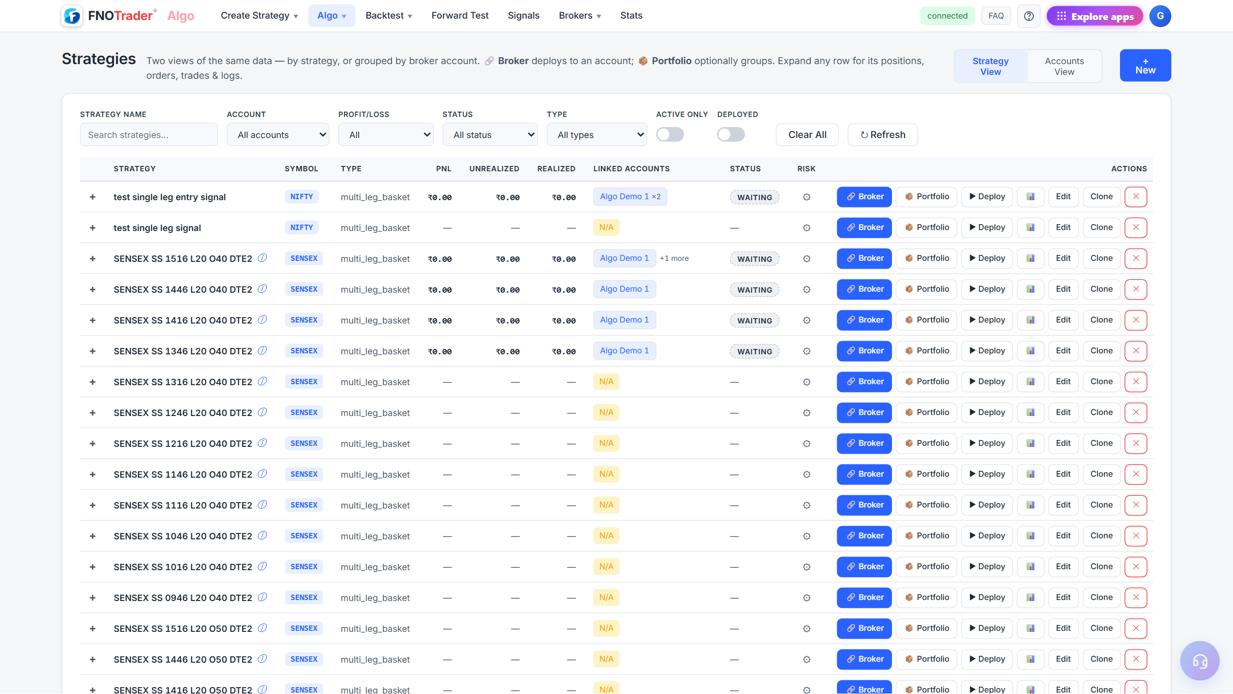 Saved Strategies — Builder recipes you can load, clone, run for a quick test, or deploy on a portfolio with a multiplier