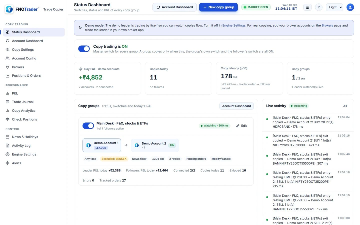 Trade Copier Status Dashboard screen