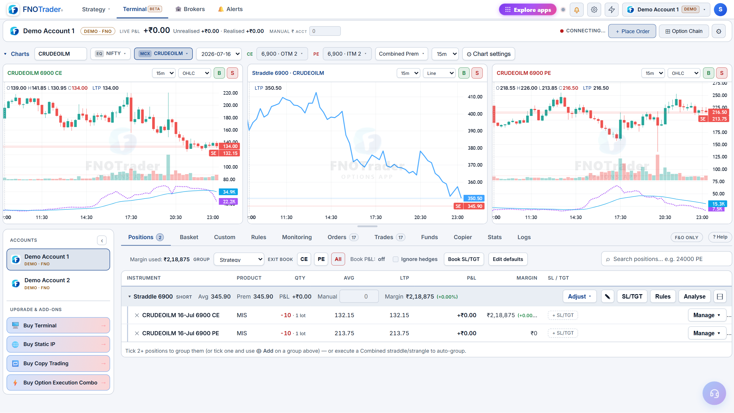 Option Terminal — multi-leg strategy positions with live P&L, per-leg SL/TGT and charts in one screen